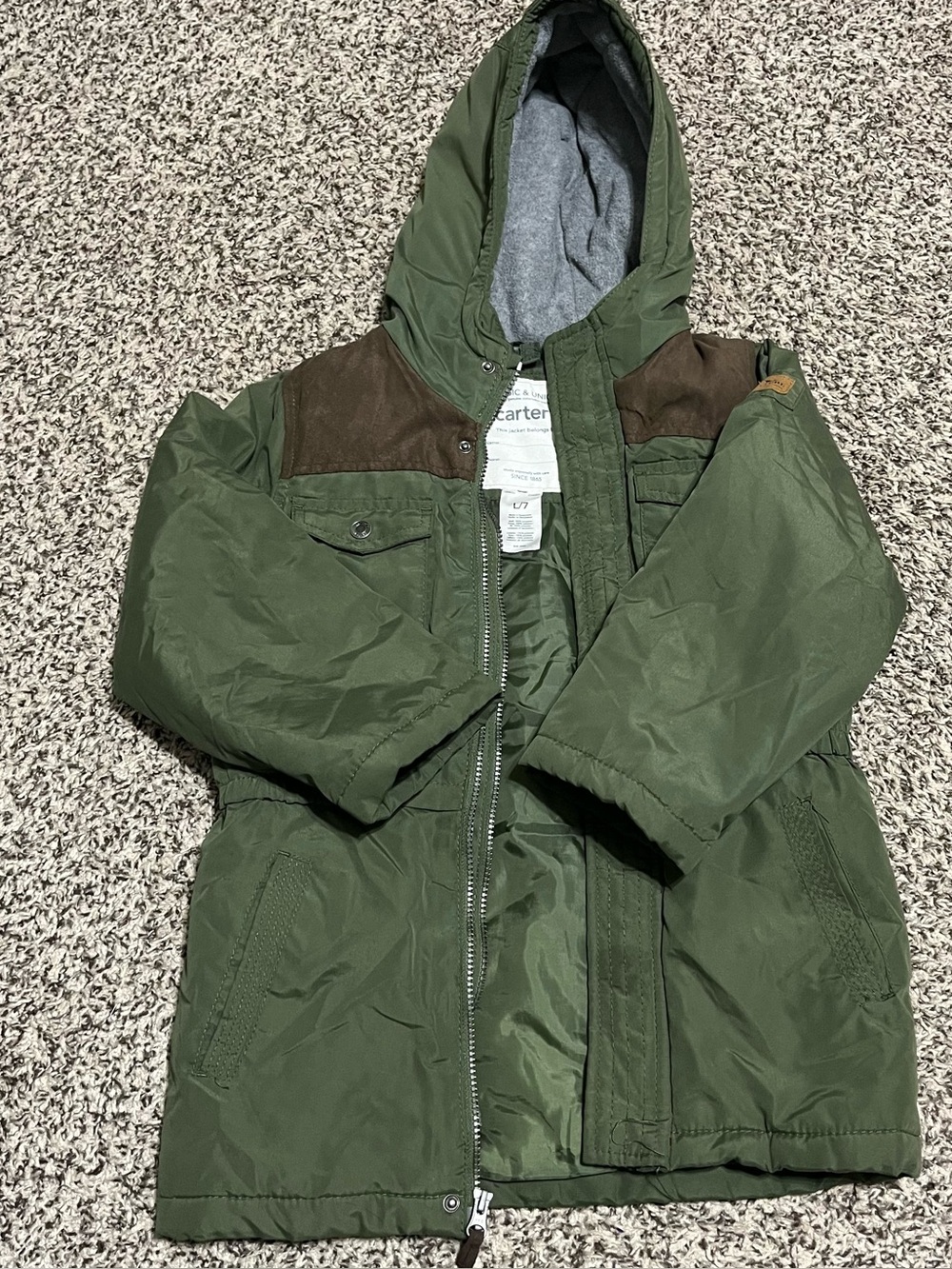 NWOT Carter's Olive Green Hooded Puffer Coat with Brown Yoke